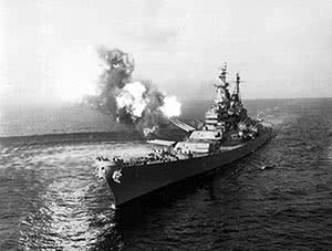 USS Missouri fires during the Korean War
